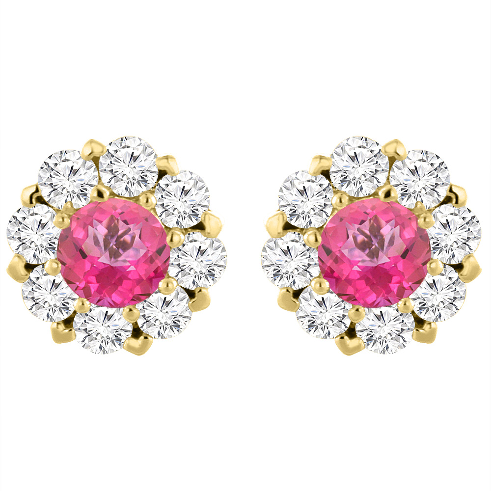 14K Yellow Gold Natural Pink Topaz Earrings with Diamond Halo Round 6 mm