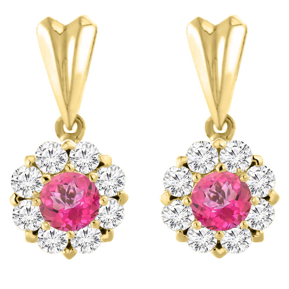 14K YELLOW GOLD NATURAL PINK TOPAZ EARRINGS WITH DIAMOND HALO ROUND 4 MM