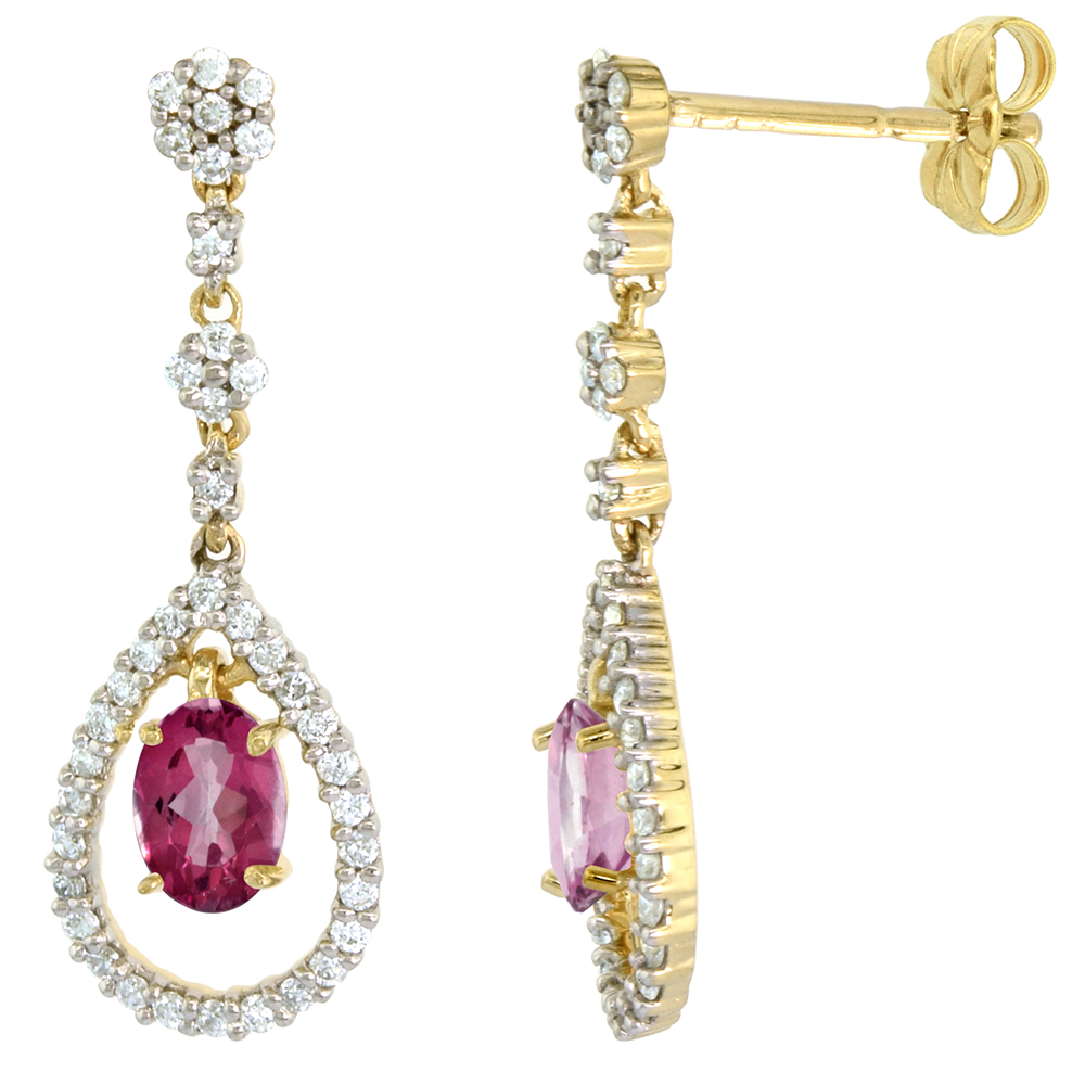 14K GOLD DIAMOND GENUINE PINK TOPAZ DANGLE EARRINGS TEARDROP 6X4 OVAL 1 INCH LONG