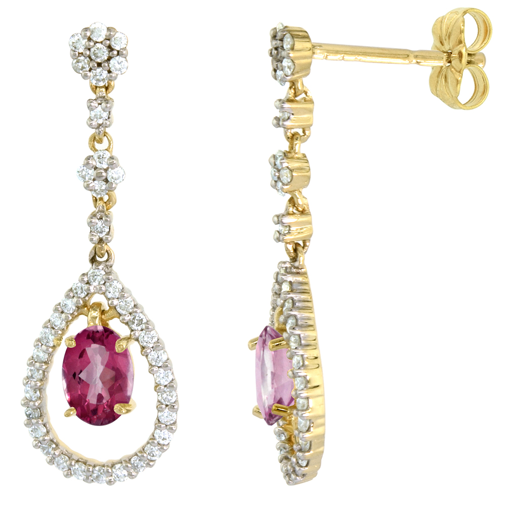 14k Gold Diamond Genuine Pink Topaz Dangle Earrings Teardrop 6x4 Oval 1 inch long