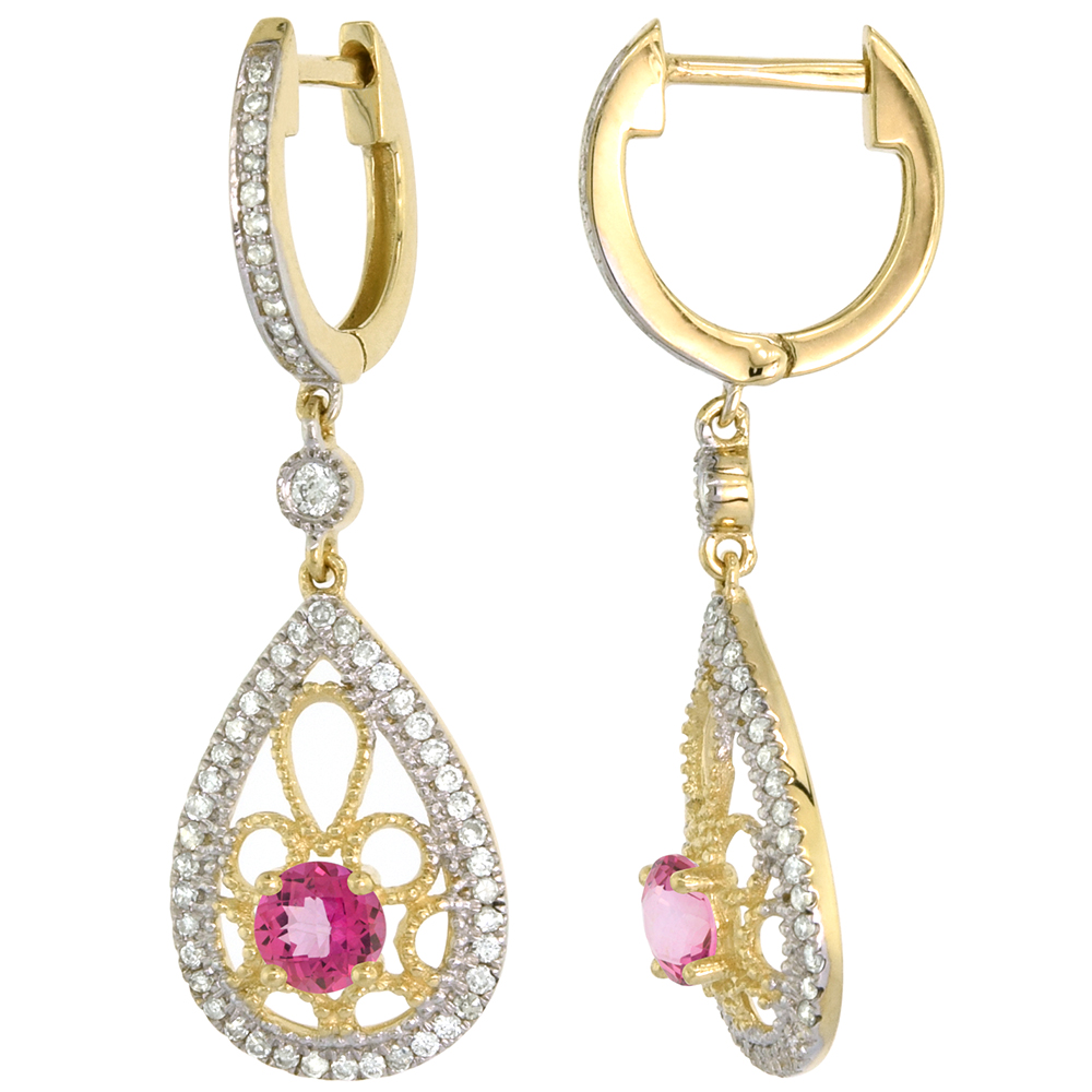14K YELLOW GOLD NATURAL PINK TOPAZ TEARDROP EARRINGS 3.5MM ROUND WITH 0.47 CTTW DIAMONDS 3/4 INCH LONG