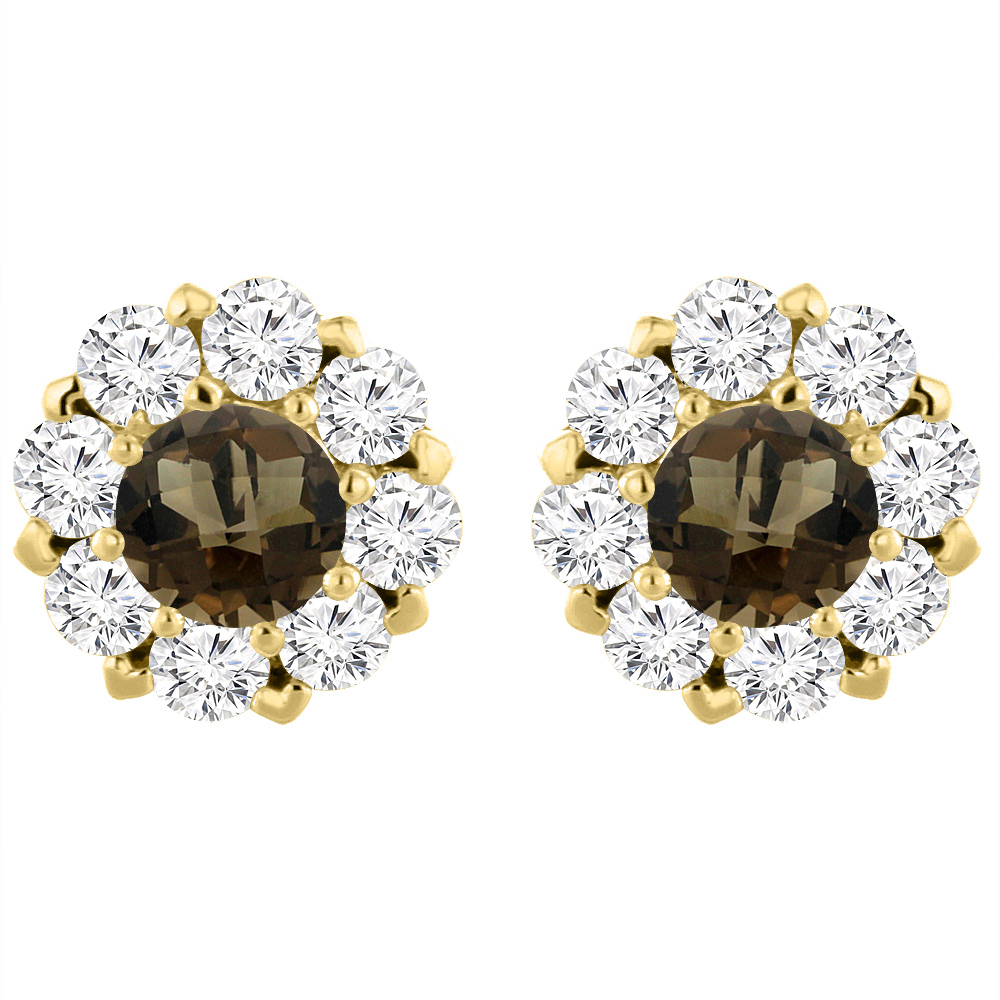 14K YELLOW GOLD NATURAL SMOKY TOPAZ EARRINGS WITH DIAMOND HALO ROUND 6 MM