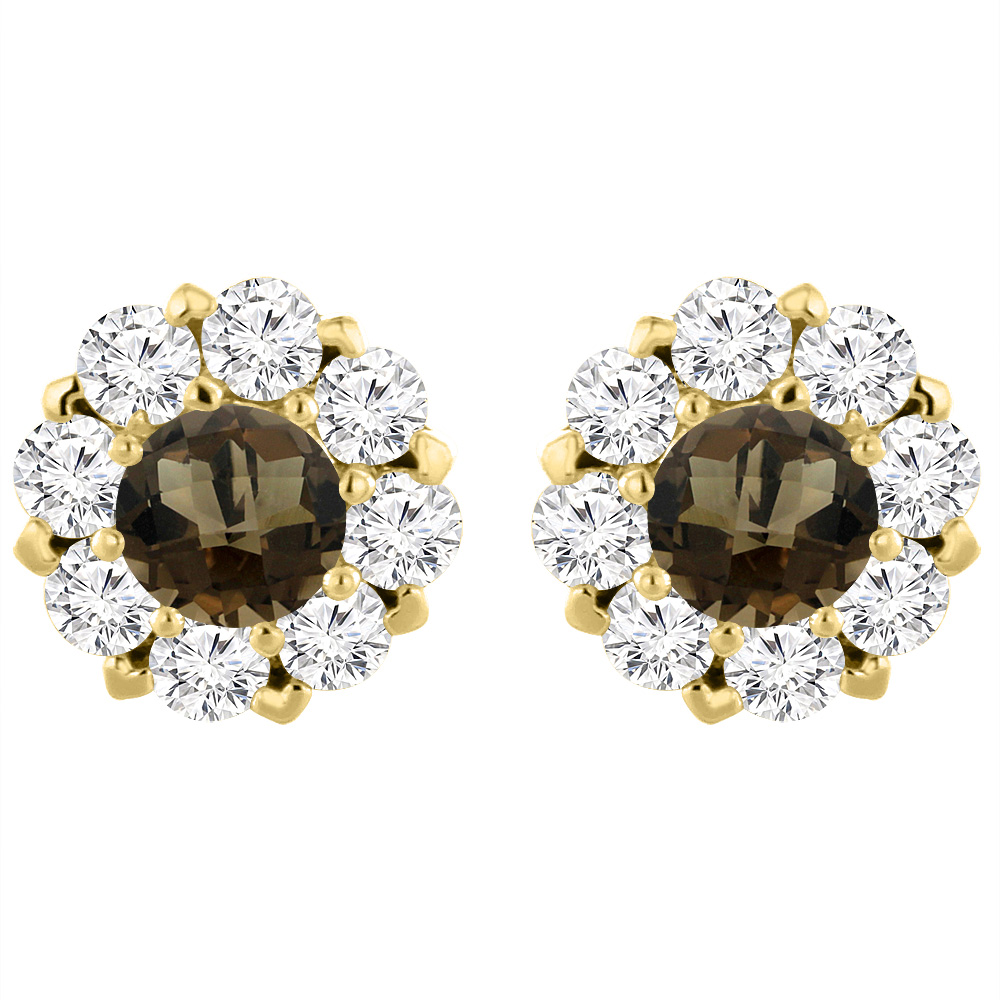 14K Yellow Gold Natural Smoky Topaz Earrings with Diamond Halo Round 6 mm