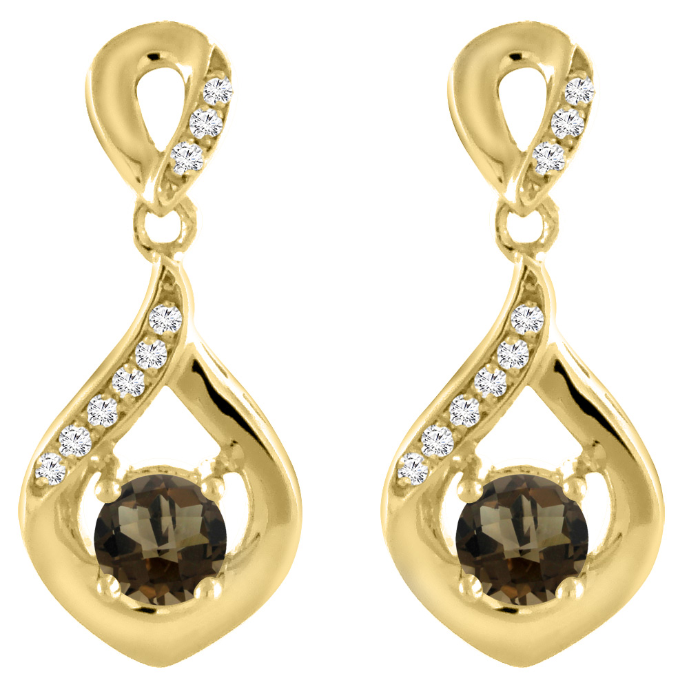 14K YELLOW GOLD NATURAL SMOKY TOPAZ EARRINGS WITH DIAMOND ACCENTS ROUND 4 MM