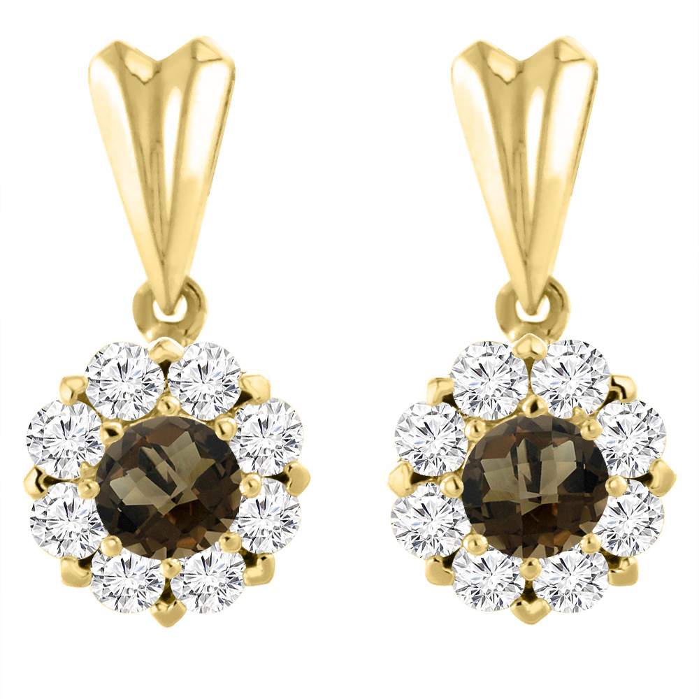 14K YELLOW GOLD NATURAL SMOKY TOPAZ EARRINGS WITH DIAMOND HALO ROUND 4 MM