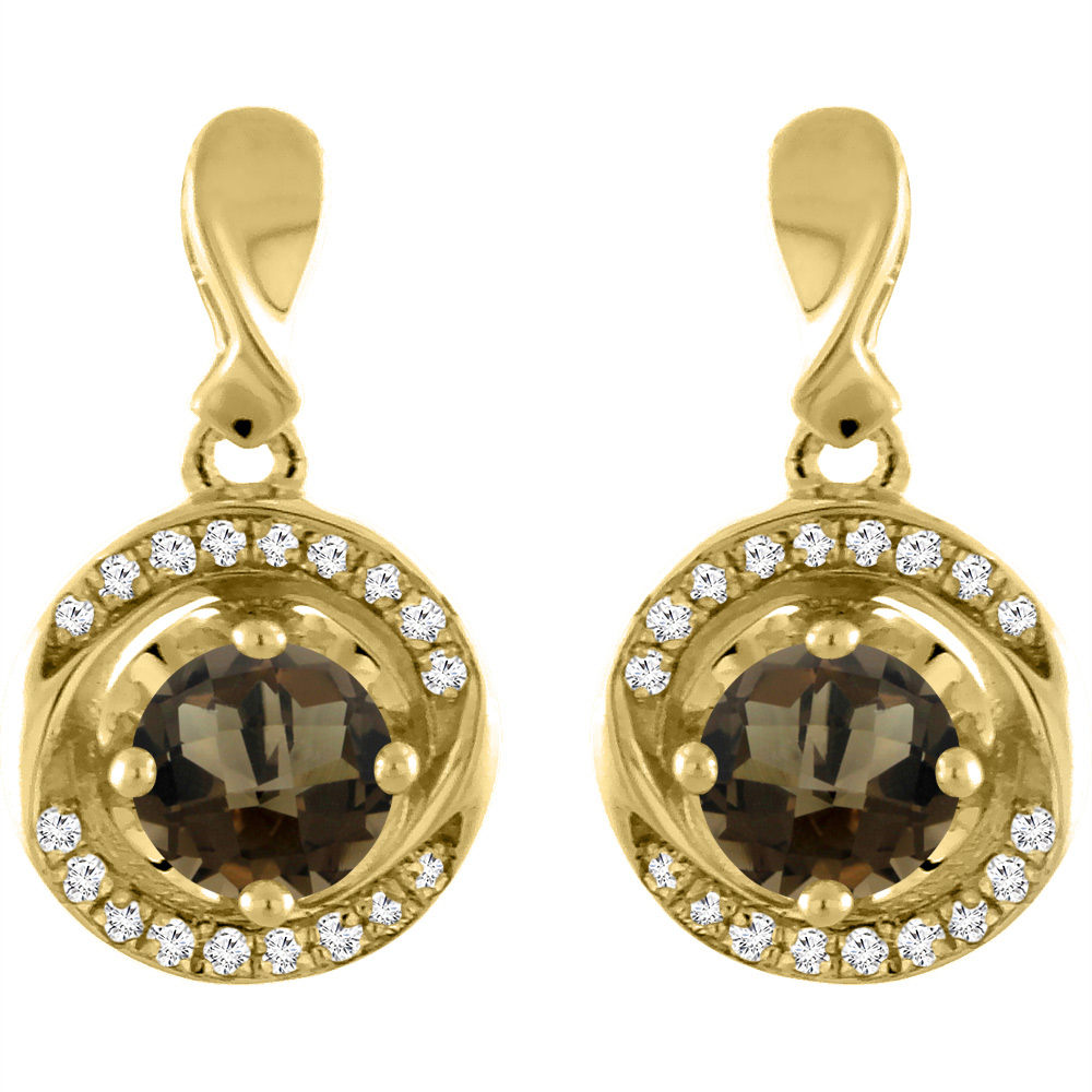 14K YELLOW GOLD NATURAL SMOKY TOPAZ EARRINGS WITH DIAMOND ACCENTS ROUND 4 MM