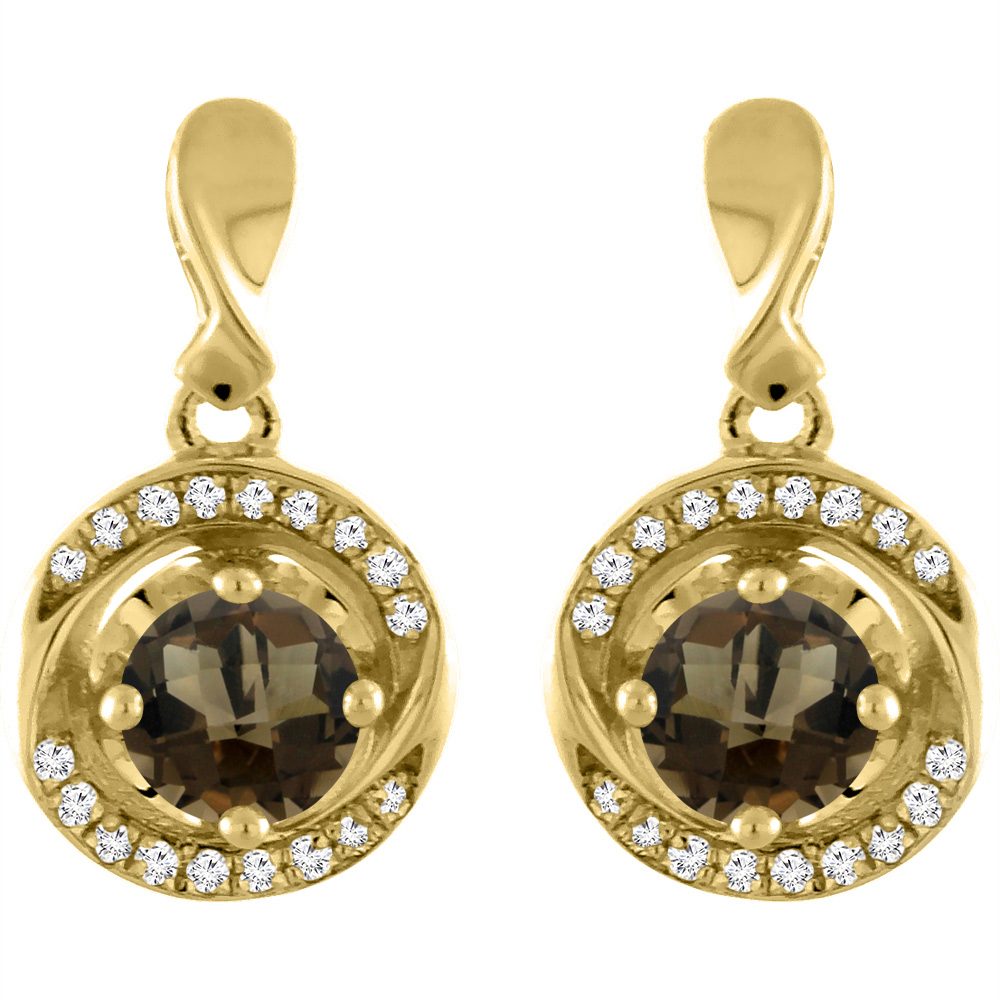 14K Yellow Gold Natural Smoky Topaz Earrings with Diamond Accents Round 4 mm