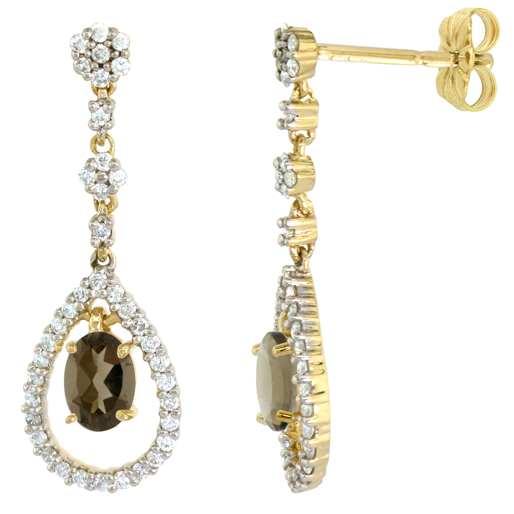 14k Gold Diamond Genuine Smoky Topaz Dangle Earrings Teardrop 6x4 Oval 1 inch long