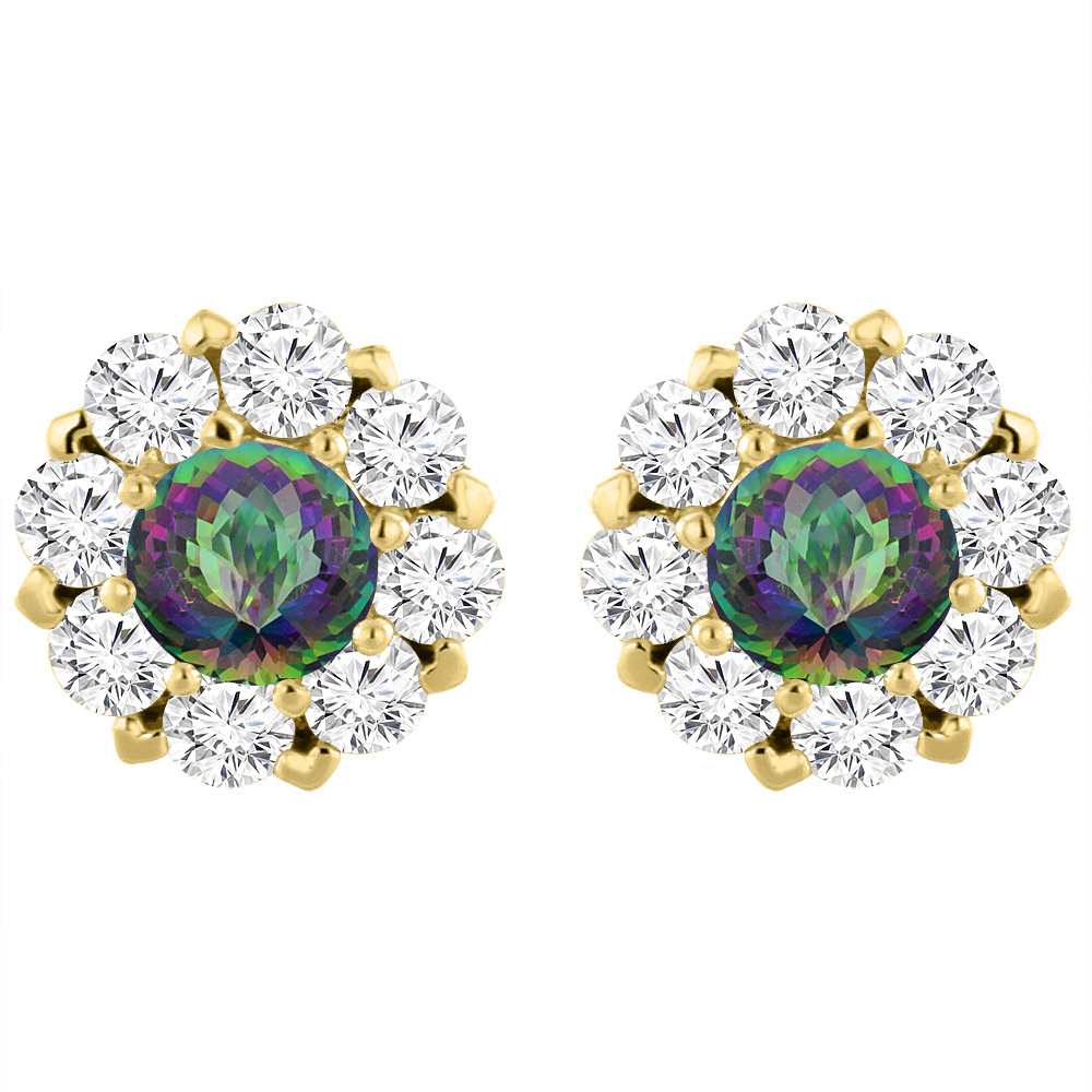 14K Yellow Gold Natural Mystic Topaz Earrings with Diamond Halo Round 6 mm
