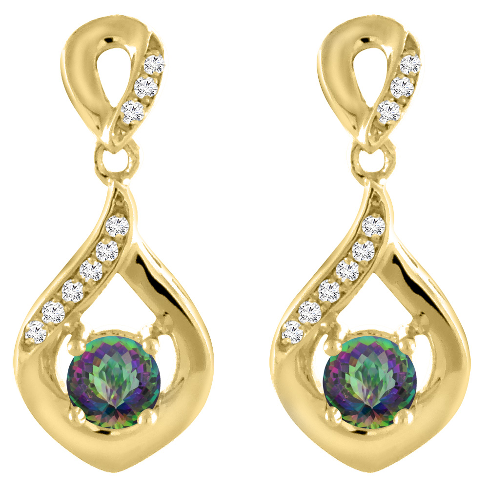 14K Yellow Gold Natural Mystic Topaz Earrings with Diamond Accents Round 4 mm