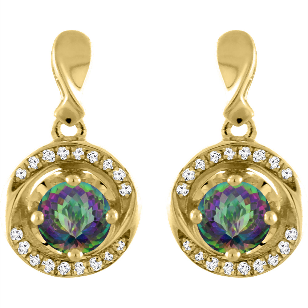 14K YELLOW GOLD NATURAL MYSTIC TOPAZ EARRINGS WITH DIAMOND ACCENTS ROUND 4 MM