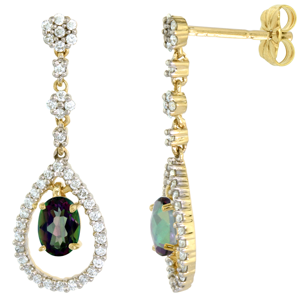 14k Gold Diamond Genuine Mystic Topaz Dangle Earrings Teardrop 6x4 Oval 1 inch long
