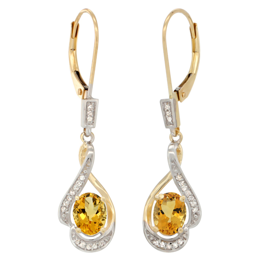 14K YELLOW GOLD DIAMOND NATURAL LONDON BLUE TOPAZ LEVERBACK EARRINGS OVAL 7X5MM,1 7/16 INCH LONG