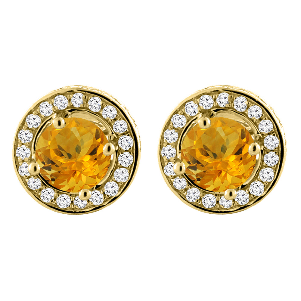 14K YELLOW GOLD NATURAL CITRINE EARRINGS WITH DIAMOND HALO ROUND 5 MM