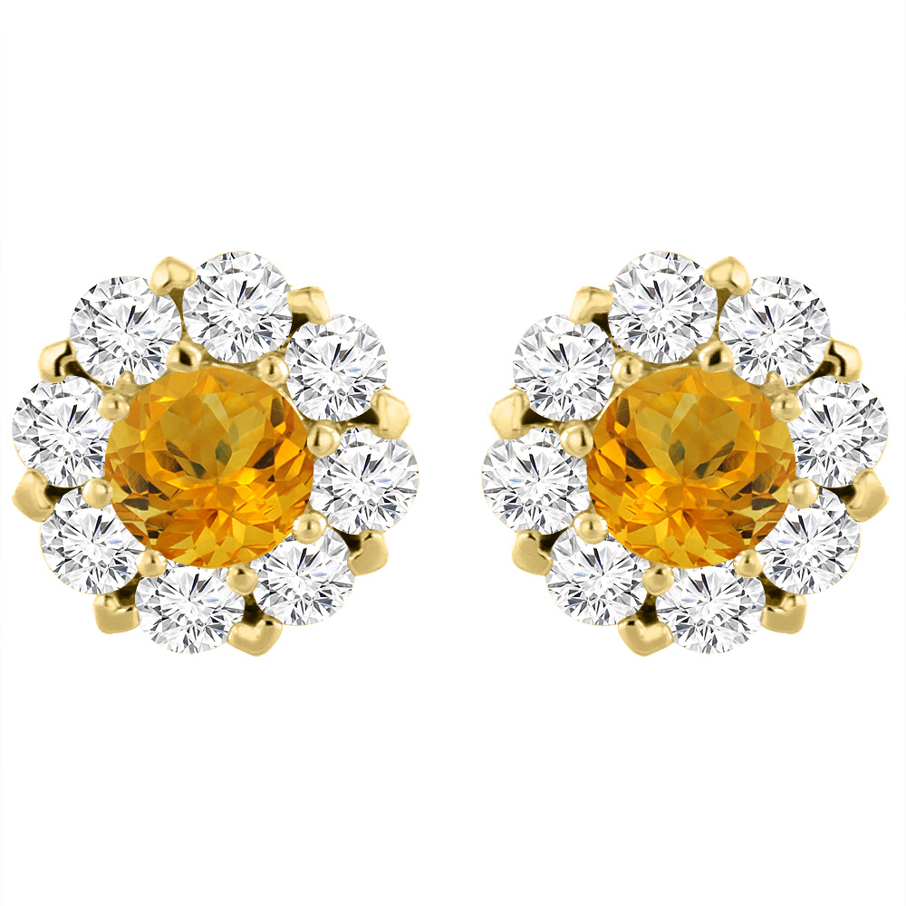 14K YELLOW GOLD NATURAL CITRINE EARRINGS WITH DIAMOND HALO ROUND 6 MM