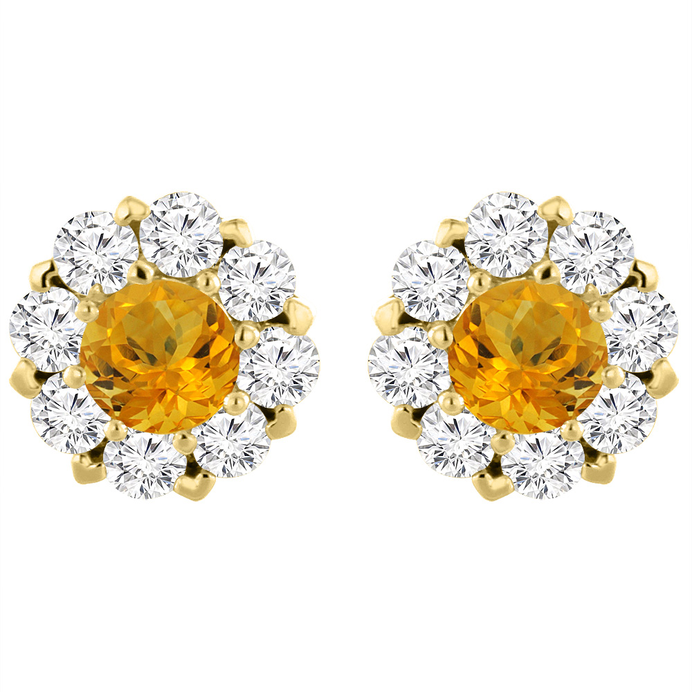 14K Yellow Gold Natural Citrine Earrings with Diamond Halo Round 6 mm