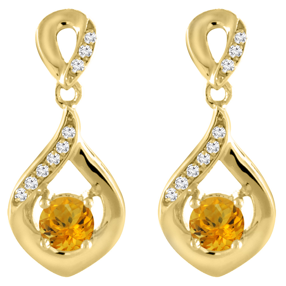 14K Yellow Gold Natural Citrine Earrings with Diamond Accents Round 4 mm