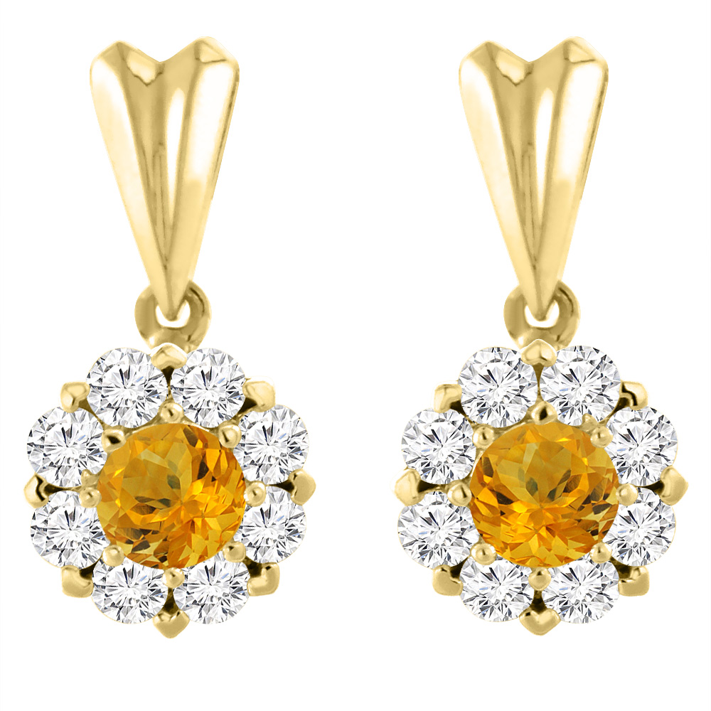 14K Yellow Gold Natural Citrine Earrings with Diamond Halo Round 4 mm