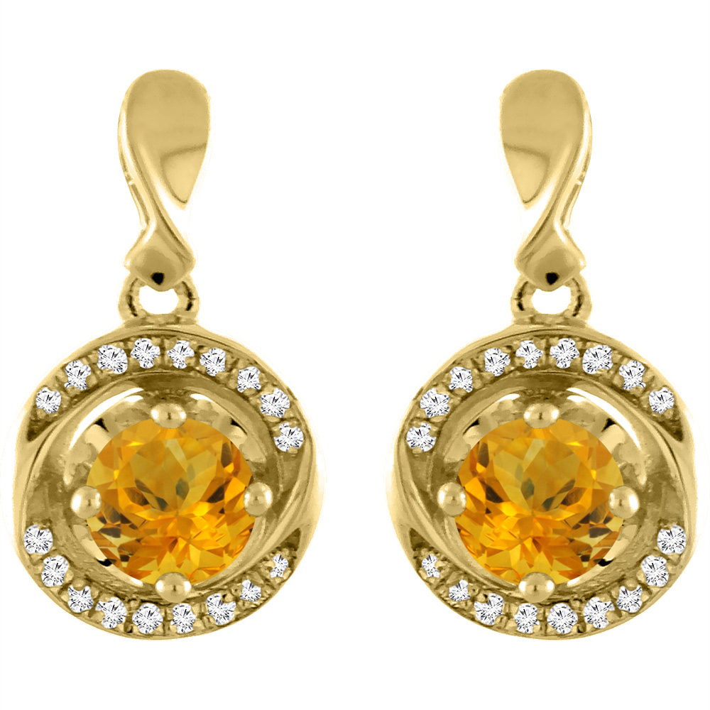 14K Yellow Gold Natural Citrine Earrings with Diamond Accents Round 4 mm