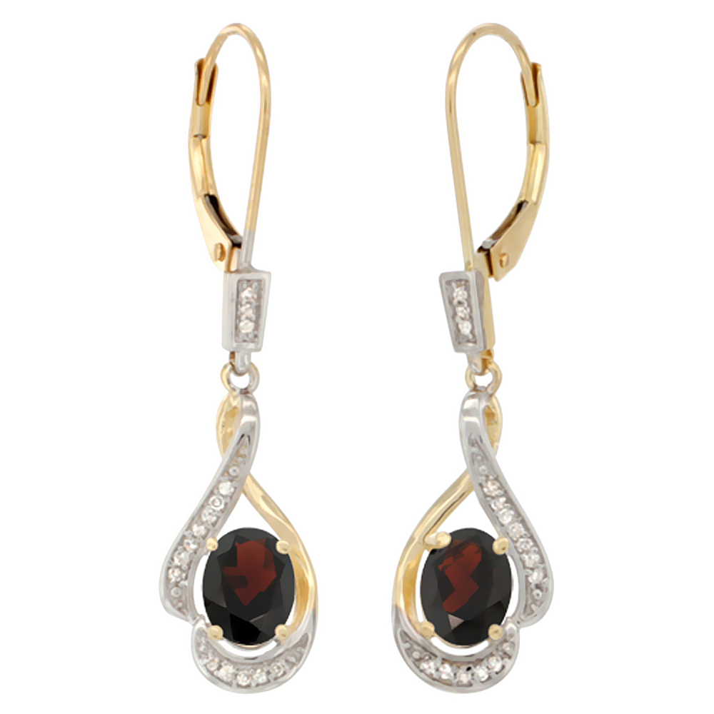 14K YELLOW GOLD DIAMOND NATURAL PINK TOPAZ LEVERBACK EARRINGS OVAL 7X5 MM, 1 7/16 INCH LONG