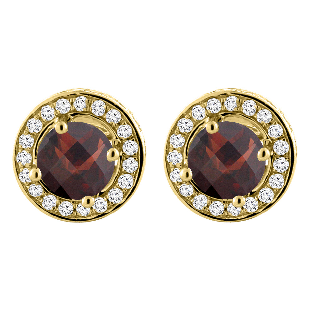 14K Yellow Gold Natural Garnet Earrings with Diamond Halo Round 5 mm