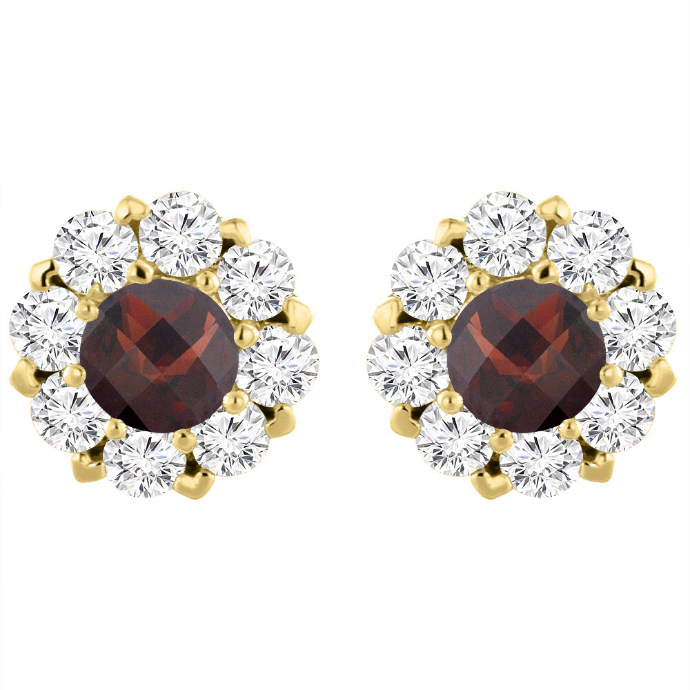 14K Yellow Gold Natural Garnet Earrings with Diamond Halo Round 6 mm