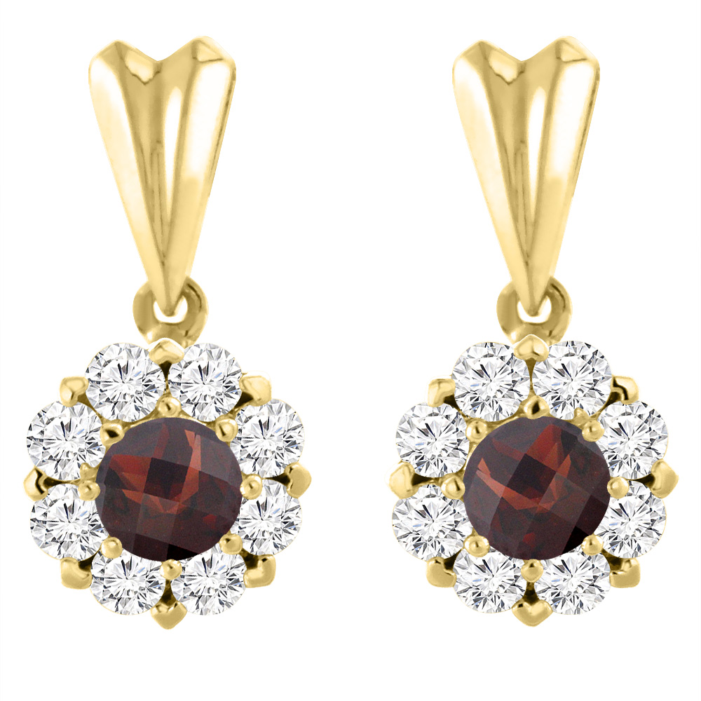 14K Yellow Gold Natural Garnet Earrings with Diamond Halo Round 4 mm