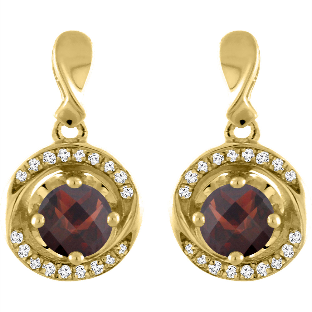 14K Yellow Gold Natural Garnet Earrings with Diamond Accents Round 4 mm