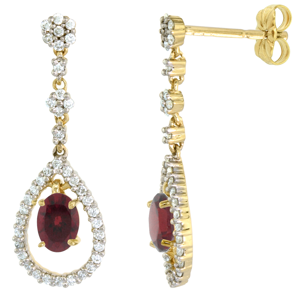 14K GOLD DIAMOND GENUINE GARNET DANGLE EARRINGS TEARDROP 6X4 OVAL 1 INCH LONG