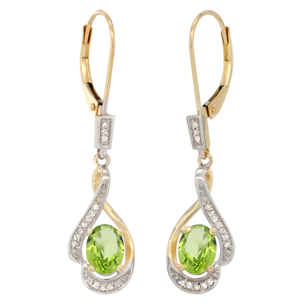 14K YELLOW GOLD DIAMOND NATURAL SMOKY TOPAZ LEVERBACK EARRINGS OVAL 7X5 MM, 1 7/16 INCH LONG