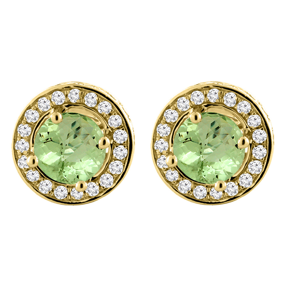 14K YELLOW GOLD NATURAL PERIDOT EARRINGS WITH DIAMOND HALO ROUND 5 MM