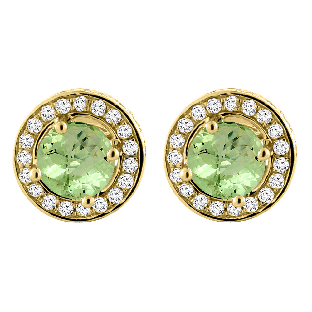 14K Yellow Gold Natural Peridot Earrings with Diamond Halo Round 5 mm