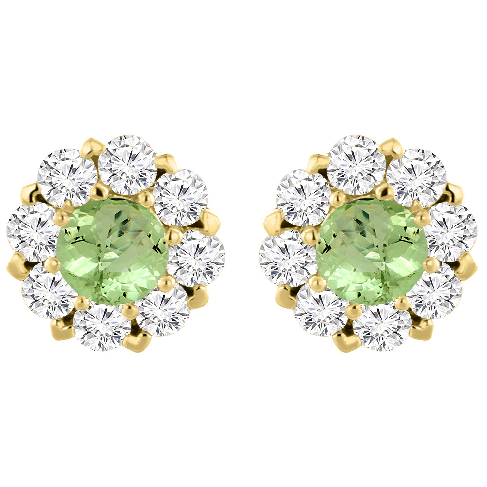 14K YELLOW GOLD NATURAL PERIDOT EARRINGS WITH DIAMOND HALO ROUND 6 MM