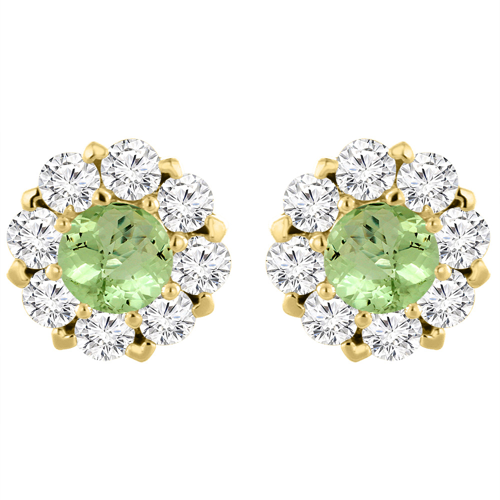 14K Yellow Gold Natural Peridot Earrings with Diamond Halo Round 6 mm