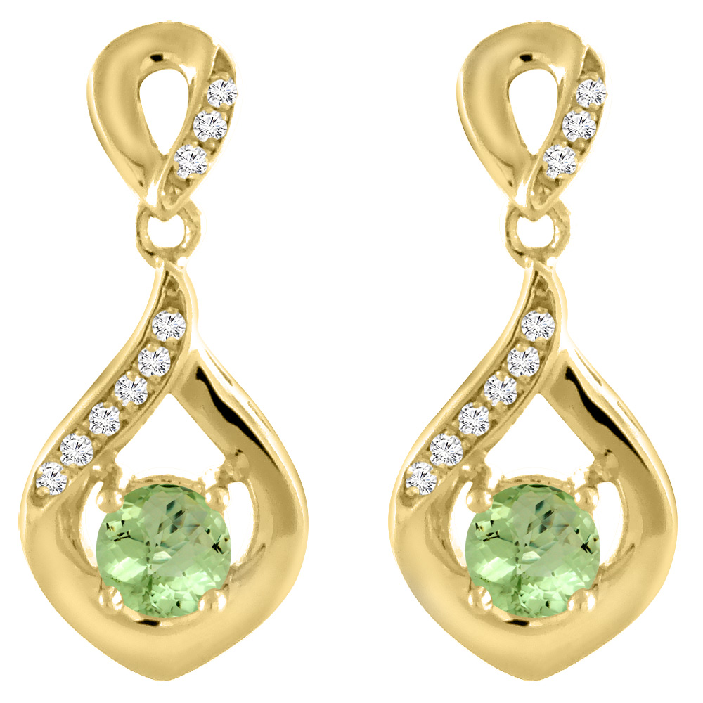 14K YELLOW GOLD NATURAL PERIDOT EARRINGS WITH DIAMOND ACCENTS ROUND 4 MM