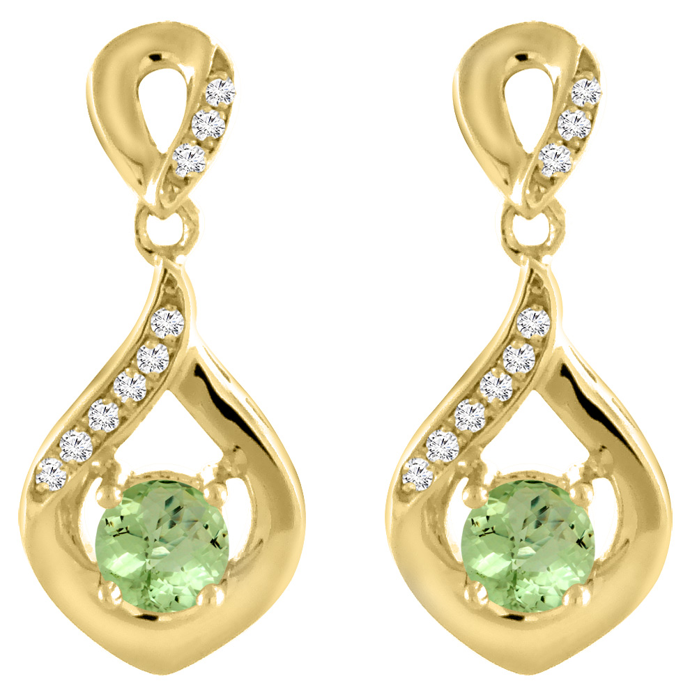 14K Yellow Gold Natural Peridot Earrings with Diamond Accents Round 4 mm