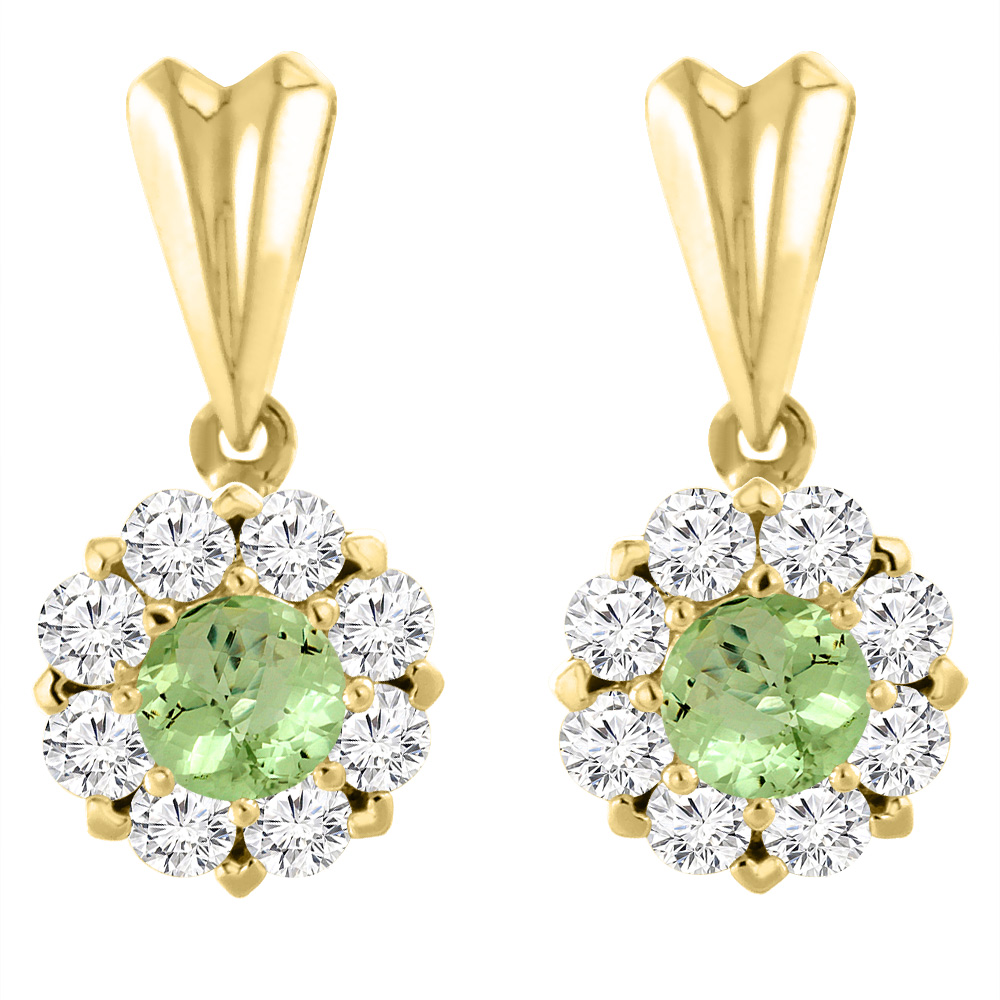 14K Yellow Gold Natural Peridot Earrings with Diamond Halo Round 4 mm