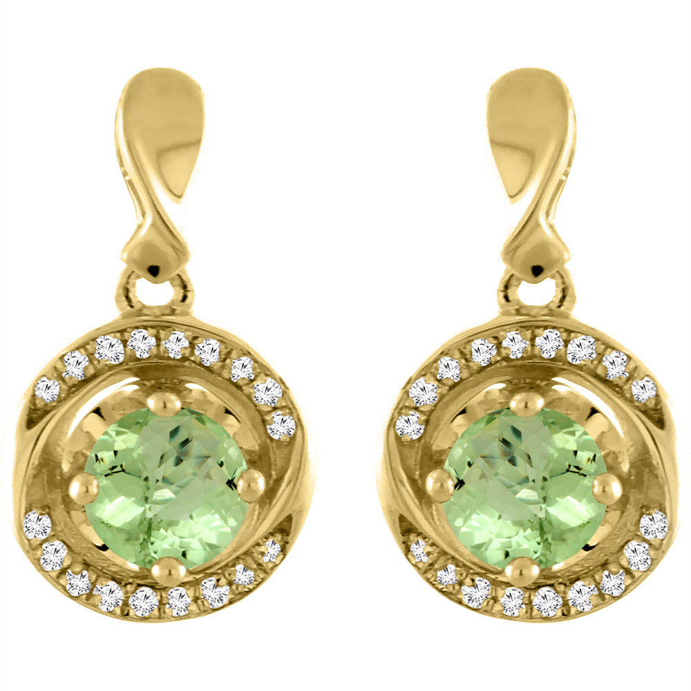 14K YELLOW GOLD NATURAL PERIDOT EARRINGS WITH DIAMOND ACCENTS ROUND 4 MM