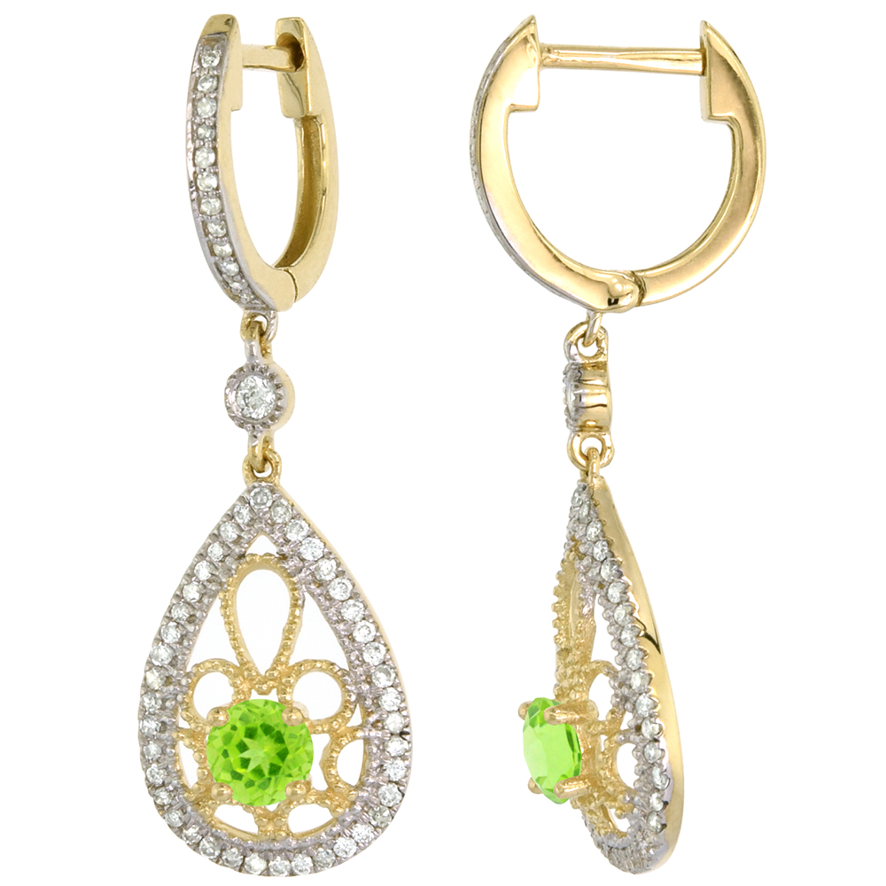 14k Yellow Gold Natural Peridot Teardrop Earrings 3.5mm Round with 0.47 cttw Diamonds 3/4 inch long