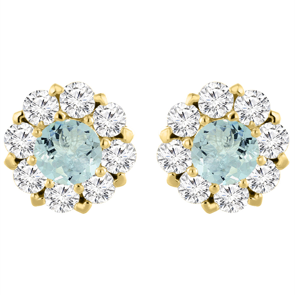 14K YELLOW GOLD NATURAL AQUAMARINE EARRINGS WITH DIAMOND HALO ROUND 6 MM