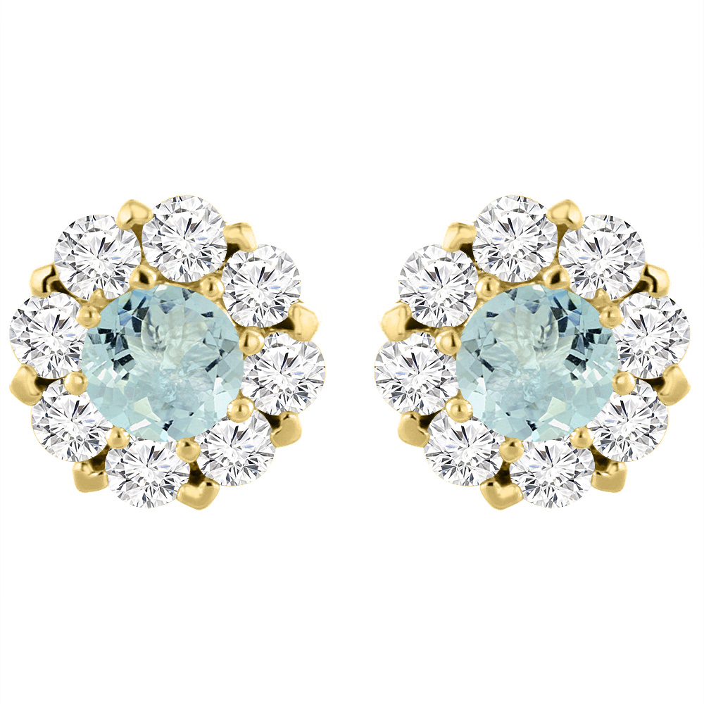 14K Yellow Gold Natural Aquamarine Earrings with Diamond Halo Round 6 mm