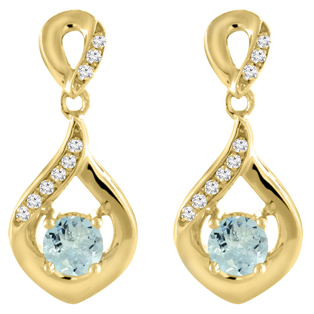 14K YELLOW GOLD NATURAL AQUAMARINE EARRINGS WITH DIAMOND ACCENTS ROUND 4 MM