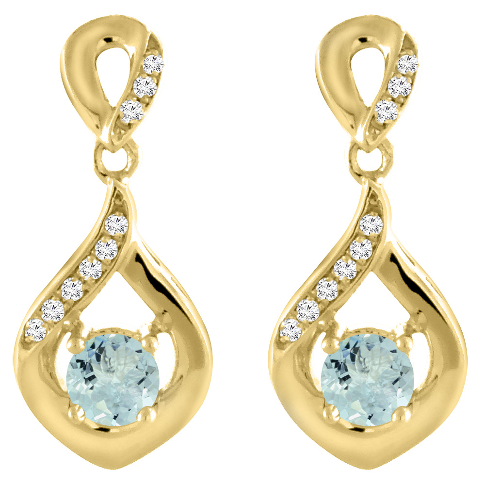 14K Yellow Gold Natural Aquamarine Earrings with Diamond Accents Round 4 mm