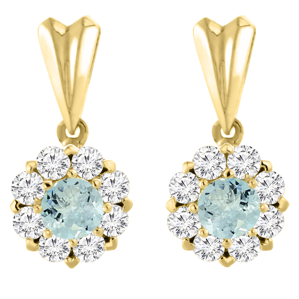 14K YELLOW GOLD NATURAL AQUAMARINE EARRINGS WITH DIAMOND HALO ROUND 4 MM