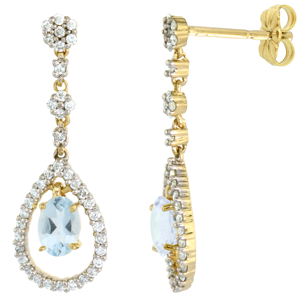 14k Gold Diamond Genuine Aquamarine Dangle Earrings Teardrop 6x4 Oval 1 inch long