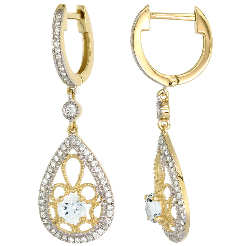 14K YELLOW GOLD NATURAL AQUAMARINE TEARDROP EARRINGS 3.5MM ROUND WITH 0.47 CTTW DIAMONDS 3/4 INCH LONG