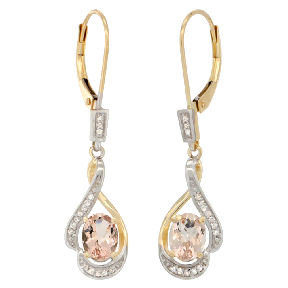 14K YELLOW GOLD DIAMOND NATURAL CITRINE LEVERBACK EARRINGS OVAL 7X5 MM, 1 7/16 INCH LONG