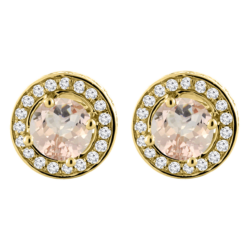14K YELLOW GOLD NATURAL MORGANITE EARRINGS WITH DIAMOND HALO ROUND 5 MM