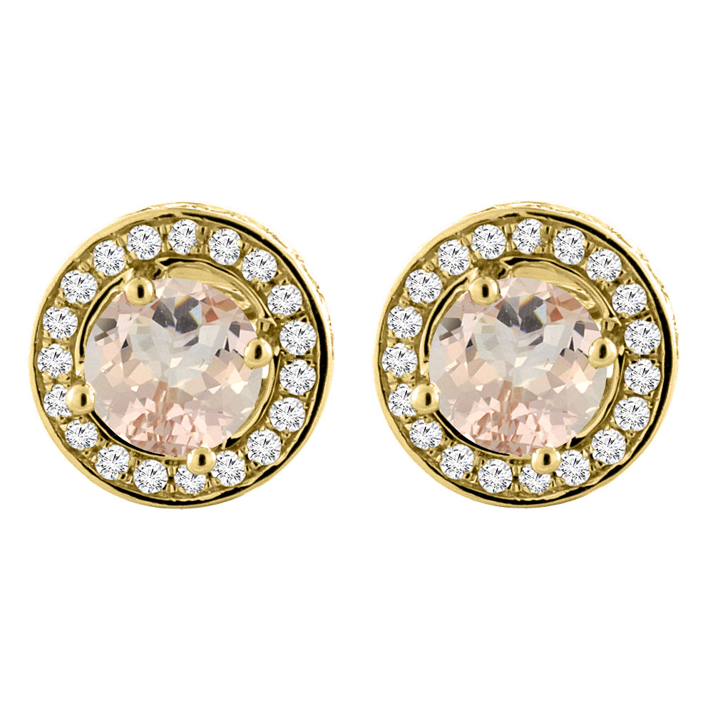 14K Yellow Gold Natural Morganite Earrings with Diamond Halo Round 5 mm
