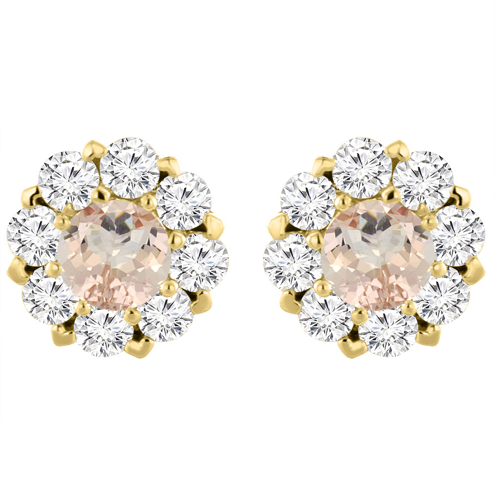 14K YELLOW GOLD NATURAL MORGANITE EARRINGS WITH DIAMOND HALO ROUND 6 MM
